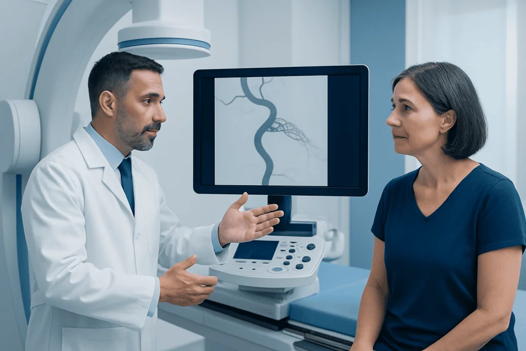 Doctor explaining brain aneurysm treatment options to a patient in a hospital.