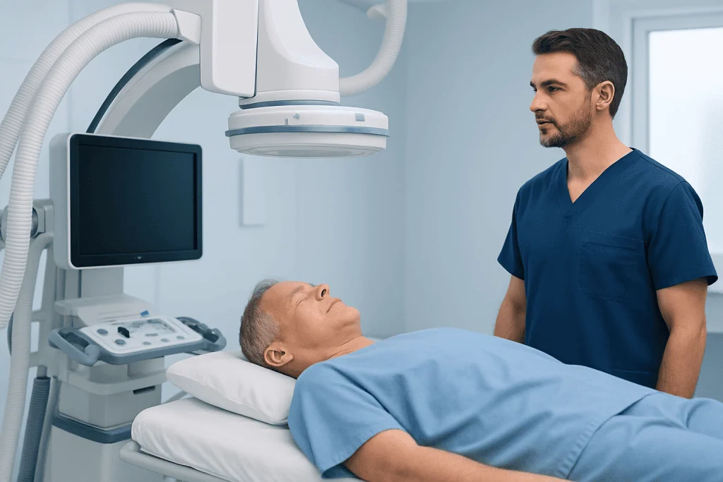 Medical professional preparing a patient for brain aneurysm treatment.