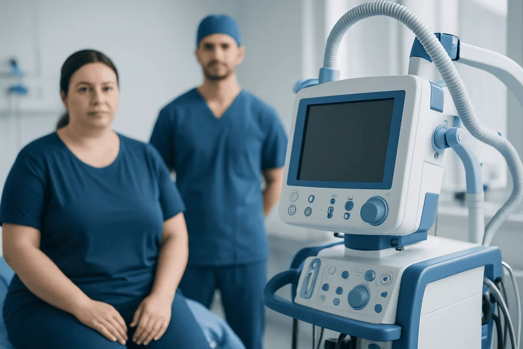 Medical professionals with ventilator in hospital setting.