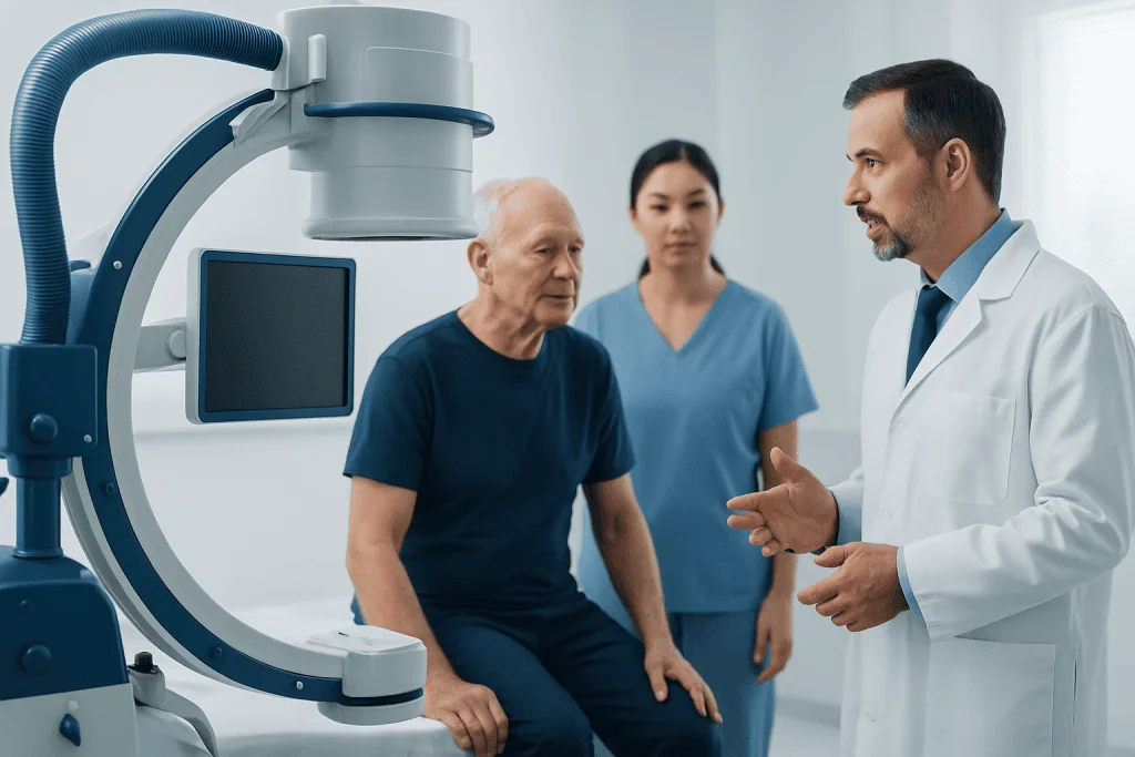 Doctor explains hip replacement procedure to elderly patient in hospital.