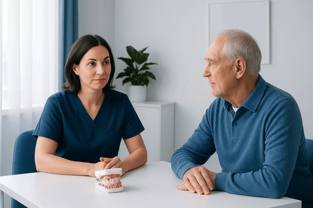 Dentist consulting with elderly patient about dental implants.