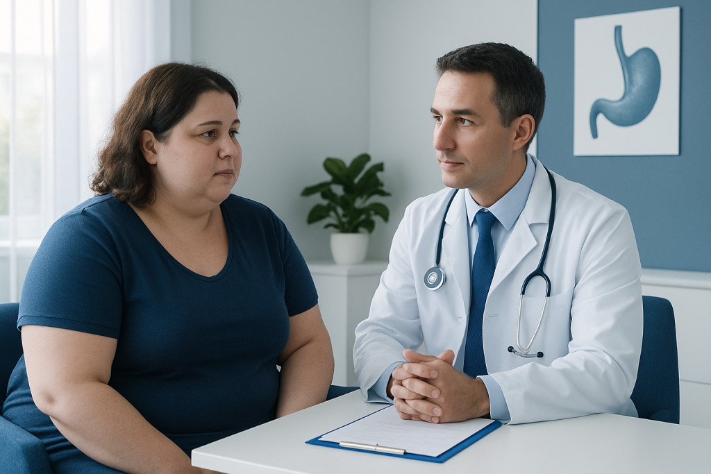 Doctor consulting with a patient about stomach surgery options.