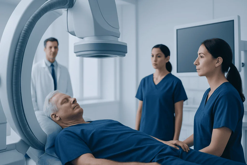Medical team preparing for a neurological procedure in a hospital setting.