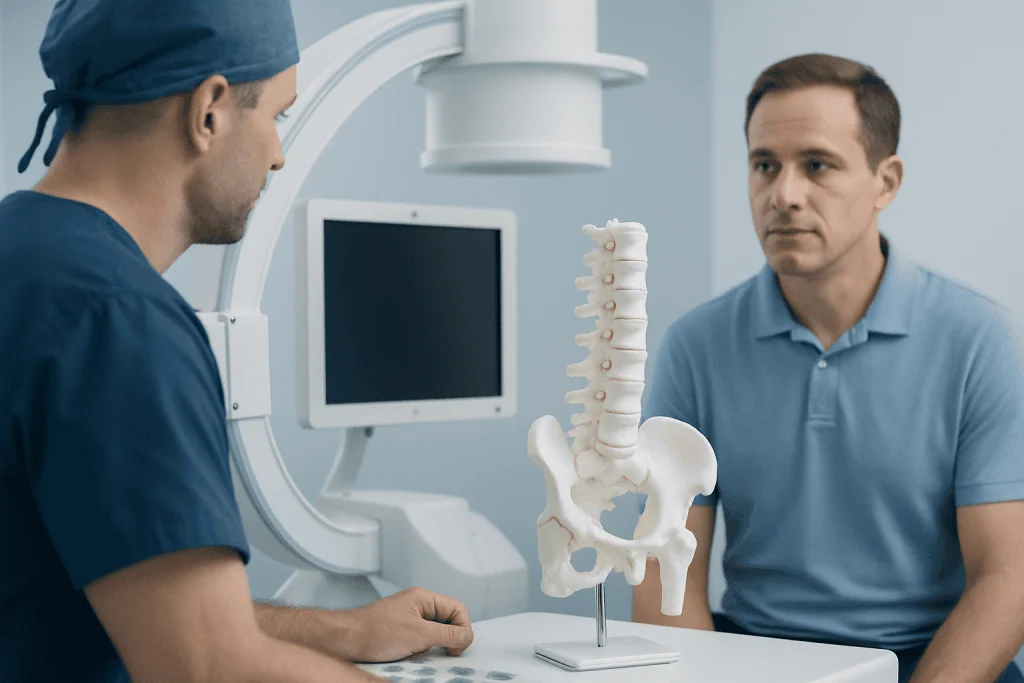 Doctor explaining spinal anatomy to patient in medical consultation room.