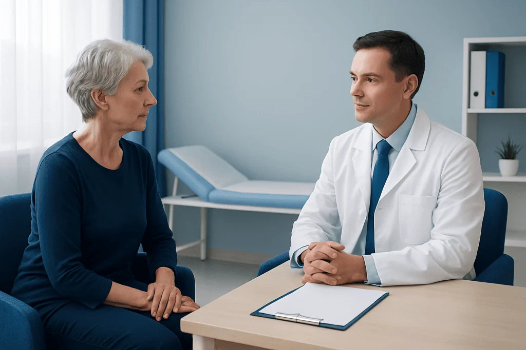 Doctor consulting with an elderly female patient in a medical office.