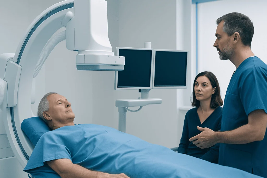 Medical team preparing for carotid artery stenting procedure in hospital.