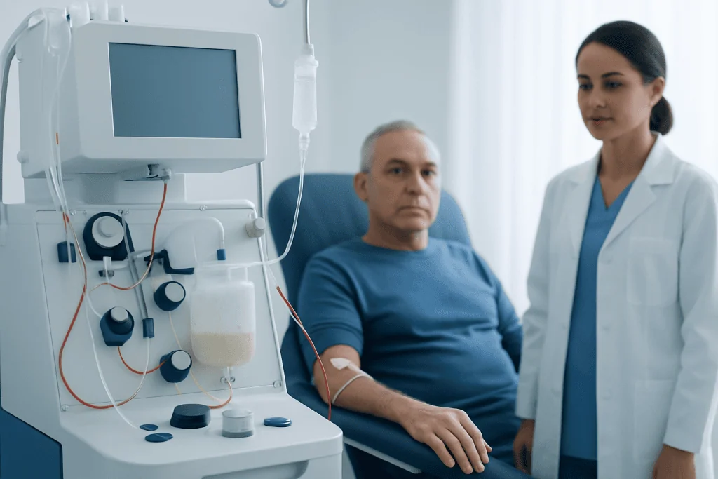 Patient receiving dialysis treatment in a hospital room with medical staff present.