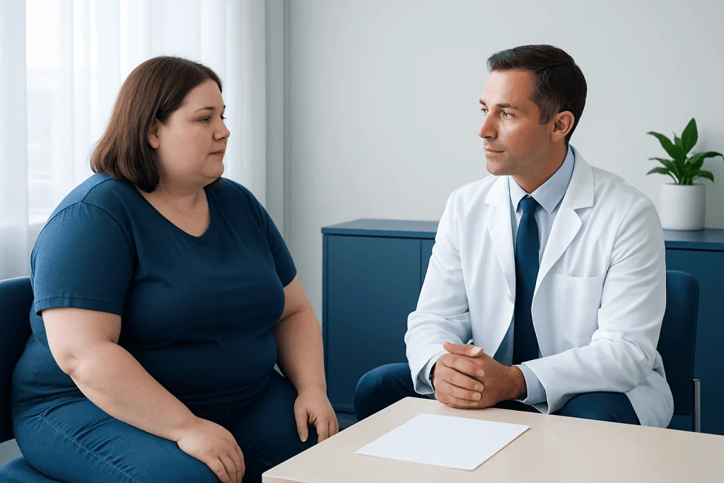 Doctor consulting with a patient about weight loss options in a clinic setting.