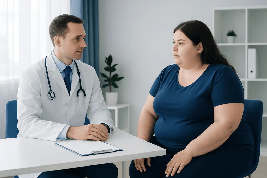 Doctor consulting with a patient about laparoscopic gastric bypass surgery.