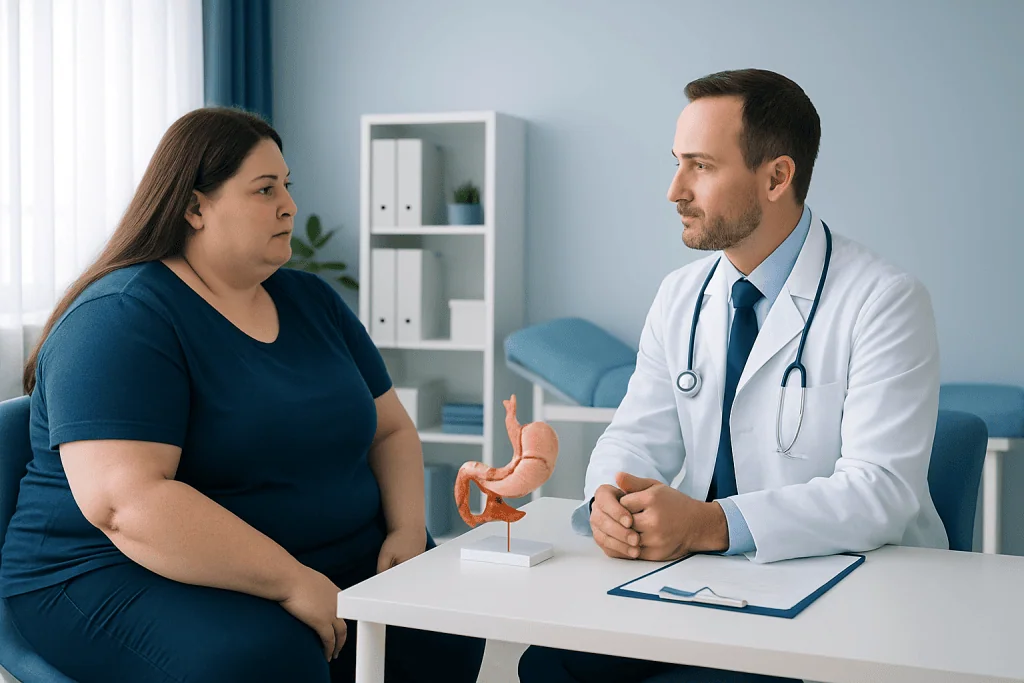 Doctor explaining bariatric options to a patient in a consultation room.