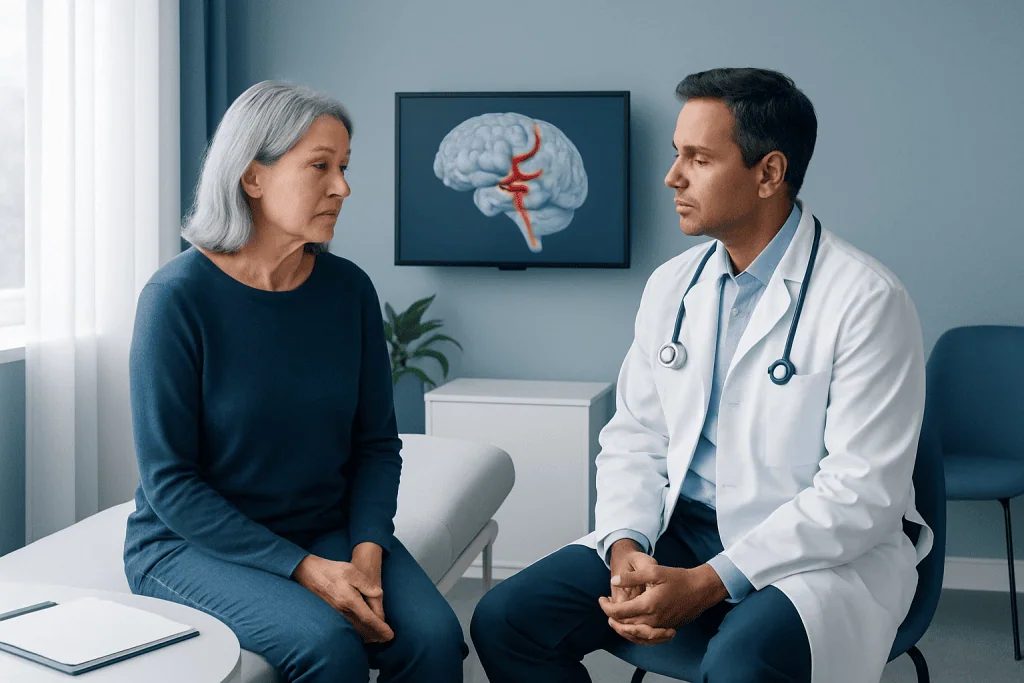 Doctor consulting with an elderly female patient about stroke treatment options.