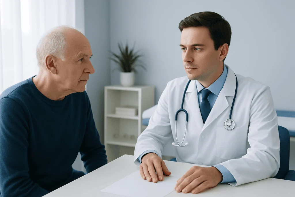 Doctor consulting with an elderly patient in a medical office setting.