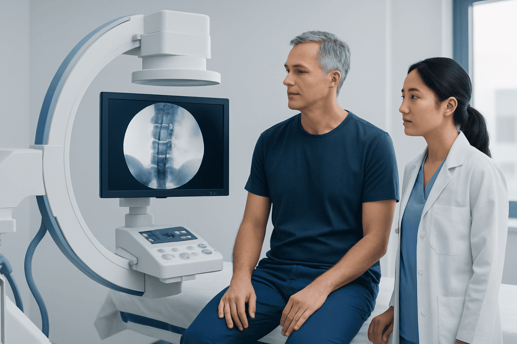 Patient undergoing spinal imaging consultation at Acibadem Hospital.
