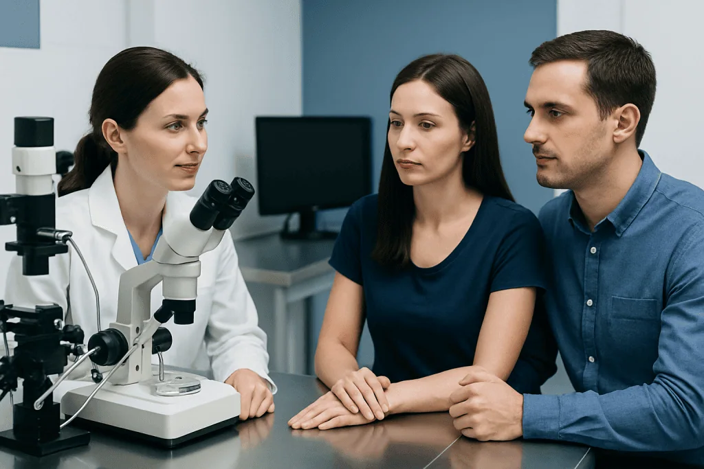 Fertility specialist explains IVF process to a couple in a medical consultation.