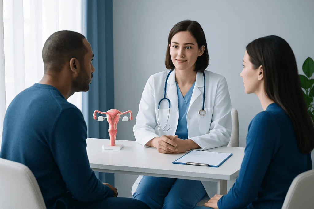 Doctor consulting with a couple about fertility options at Acibadem Hospital.