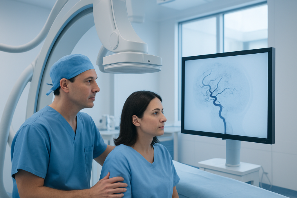 Interventional radiologist and patient reviewing brain angiogram in hospital.