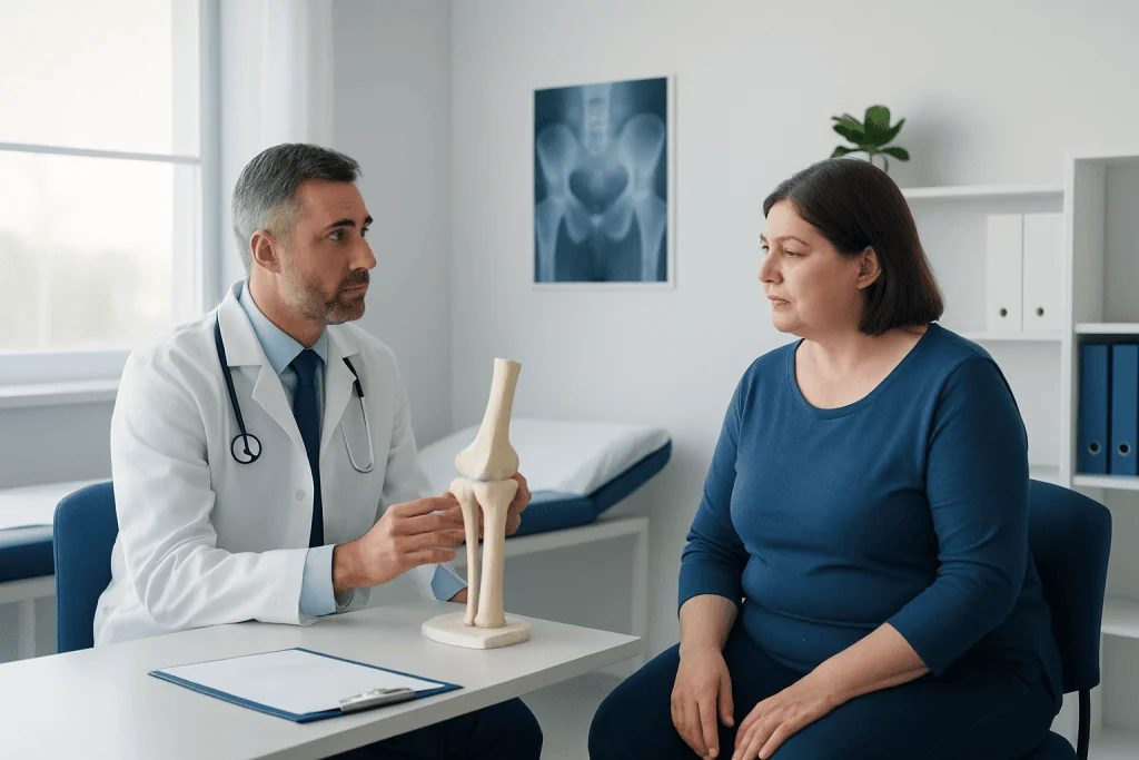 Orthopedic consultation with doctor explaining knee joint model to patient.
