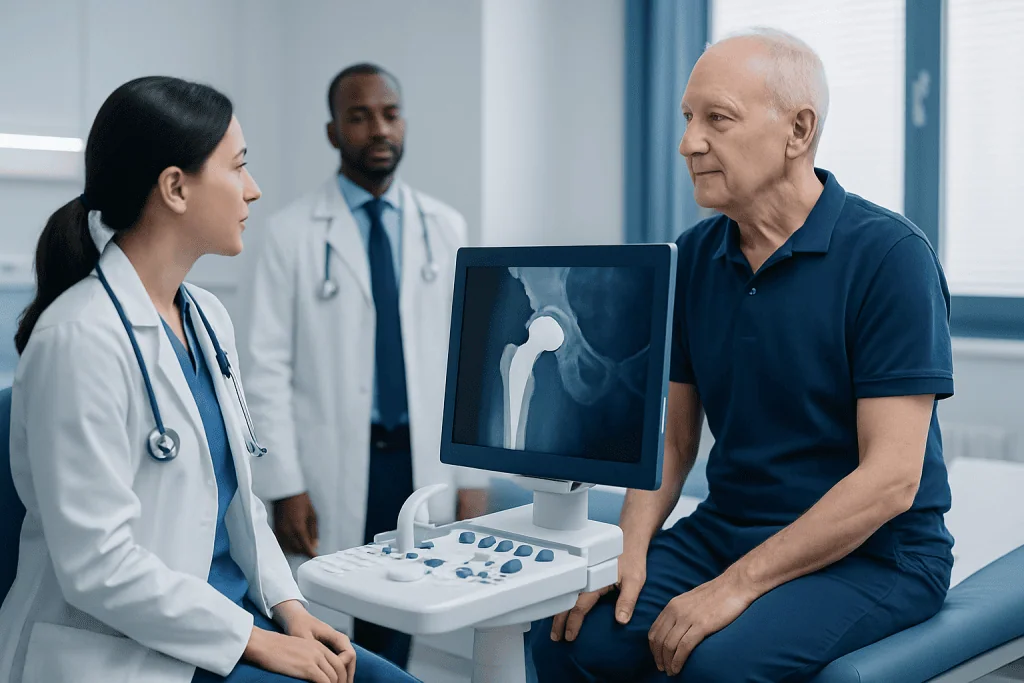 Orthopedic consultation for hip replacement with doctor and patient in clinic.