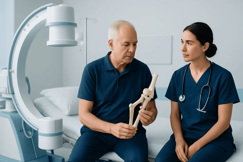 Senior man consulting with nurse about hip replacement in hospital room.