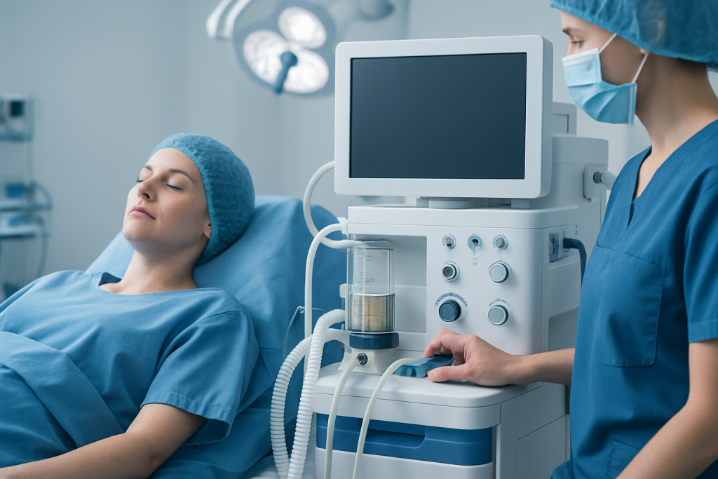 Patient in operating room with medical staff and equipment ready for surgery.