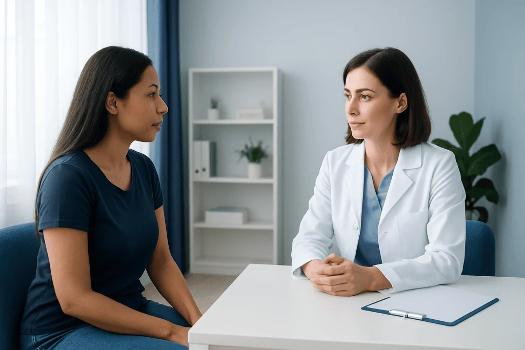 Patient consulting with doctor in a medical office setting.