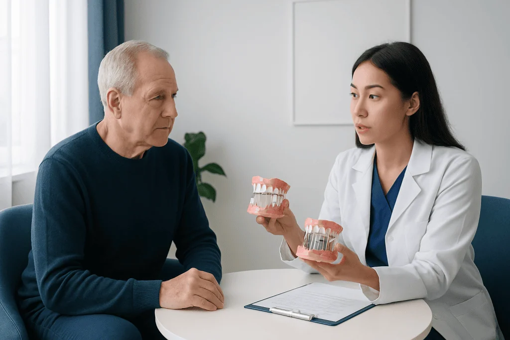 Dentist explaining full-arch dental options to an elderly patient.
