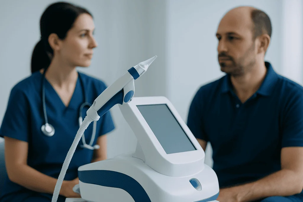 Medical consultation for hair transplant with advanced equipment at Acibadem Hospital.