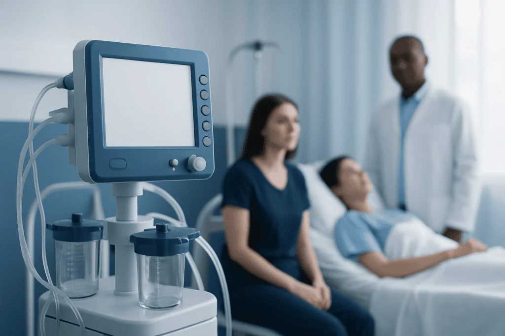Medical monitor in a hospital room with patients and healthcare professional.