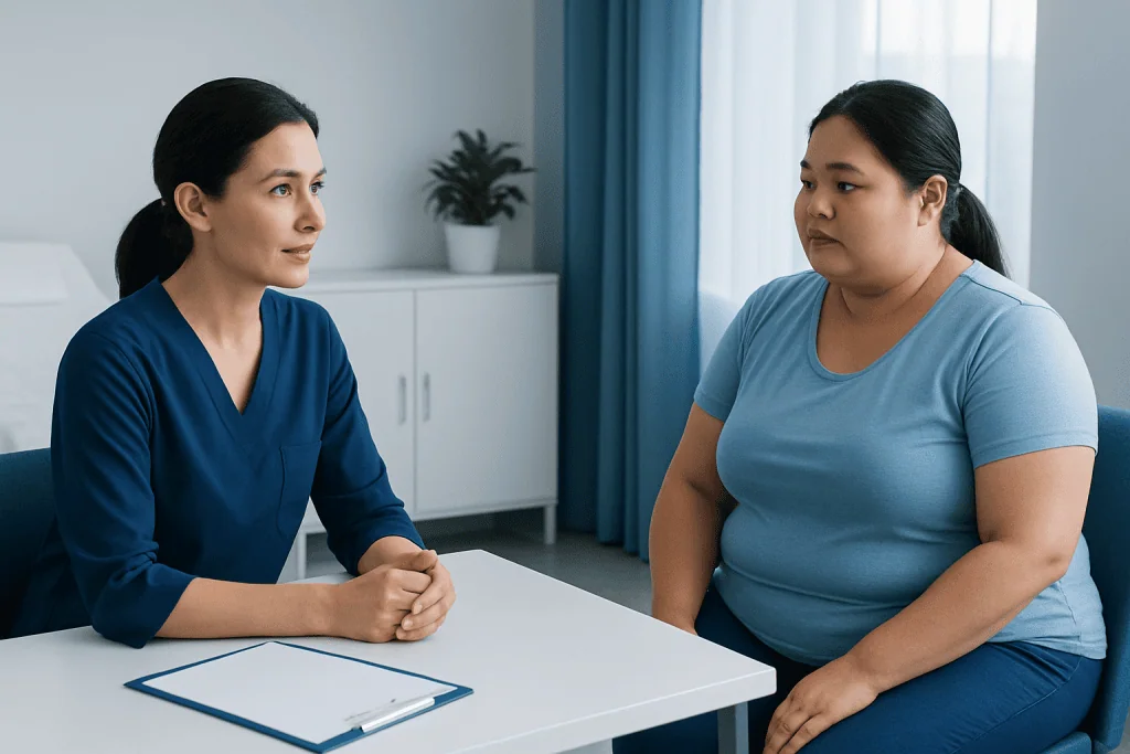 Consultation between doctor and patient about fat reduction options at Acibadem Hospitals.