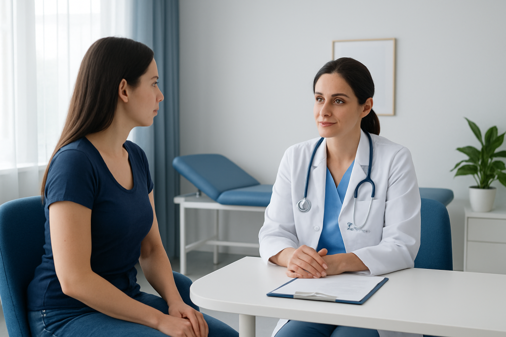 Doctor consulting with patient in a medical office setting.