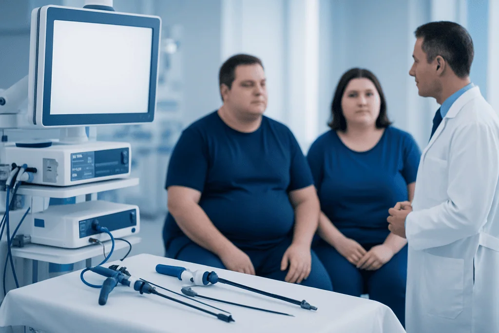 Doctor explaining medical procedure to patients in hospital setting.
