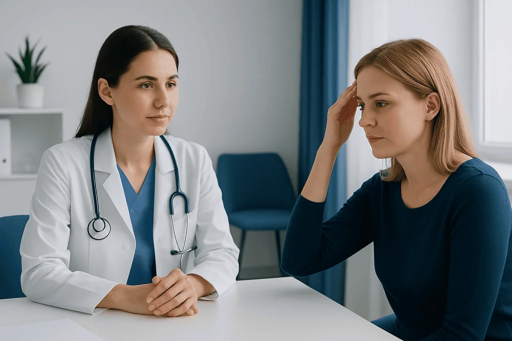Doctor consulting with a patient about forehead or brow lift options.
