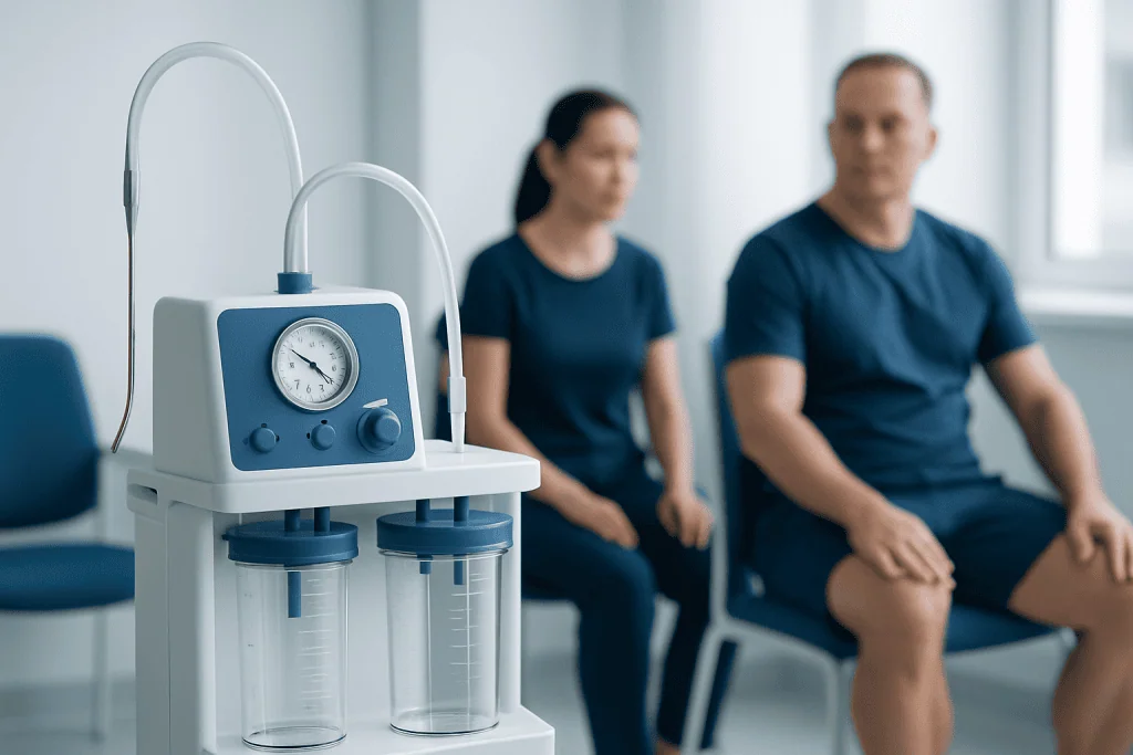 Medical consultation with liposuction equipment in the background.