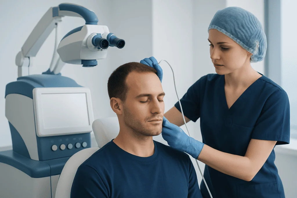 Doctor performing FUE hair transplant procedure on patient in clinic.
