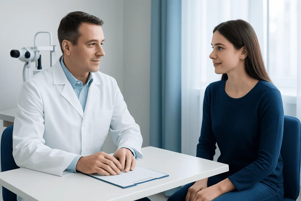Ophthalmologist consulting young woman about eye health in clinic.