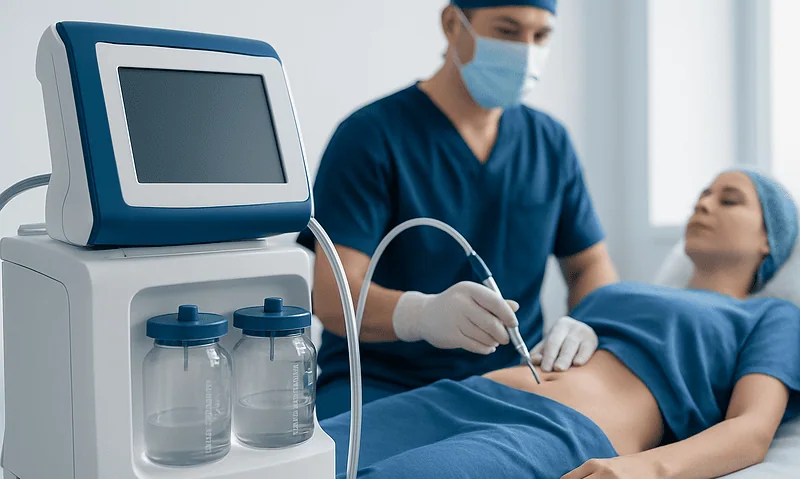 Doctor performing liposuction procedure in a hospital setting.
