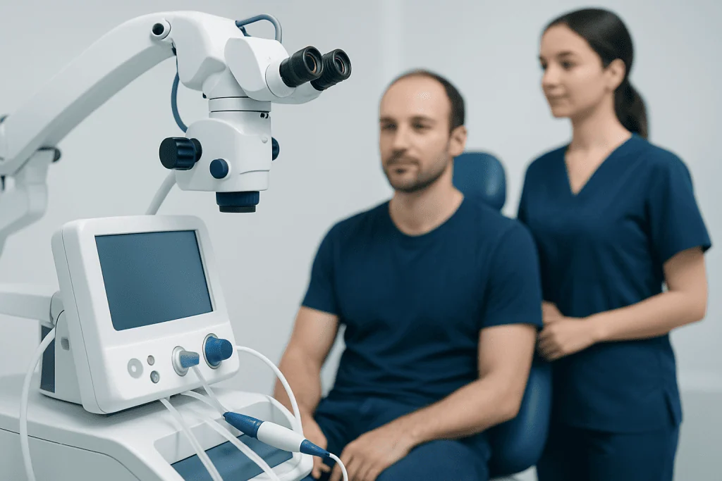 Medical professional and patient in a clinic with advanced eye examination equipment.