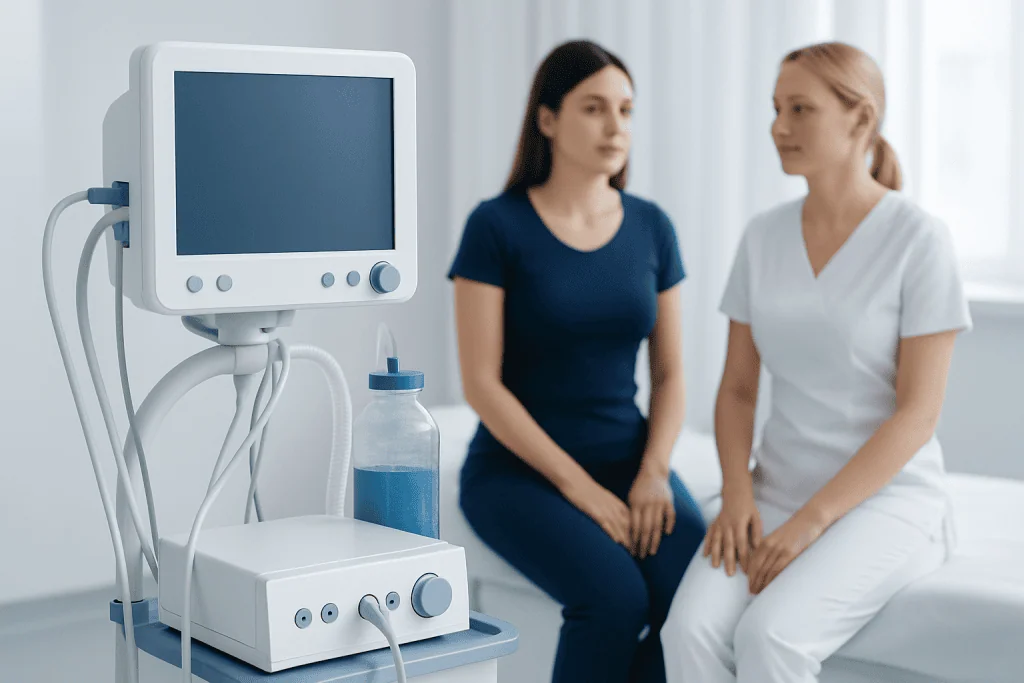 Medical consultation with ultrasound device at Acibadem Hospitals Group.