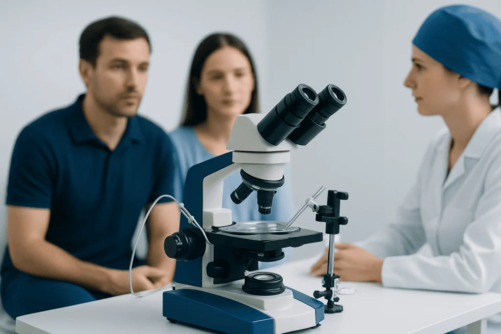 Fertility specialist explains ICSI treatment to couple in a clinic.