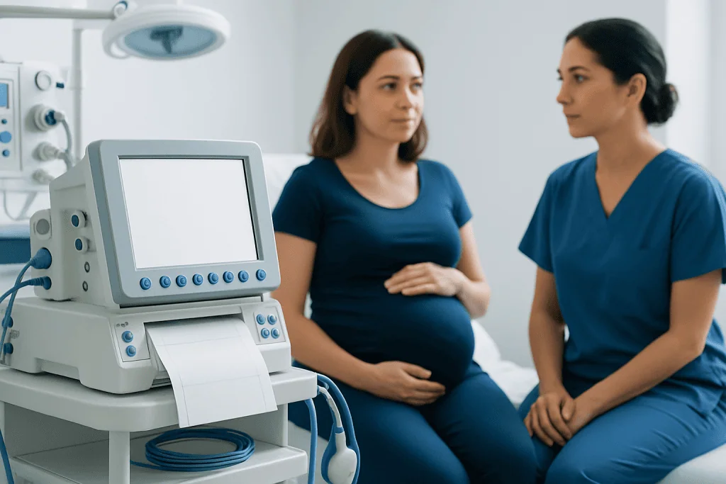 Pregnant woman consulting with healthcare professional in hospital room.