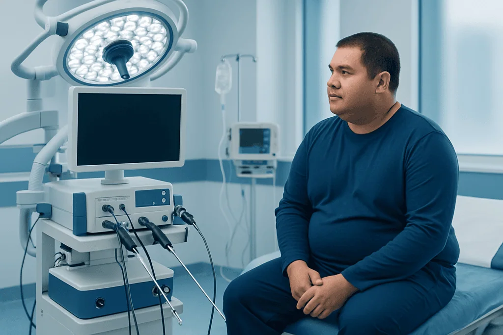 Patient in a hospital room preparing for gastric bypass surgery.