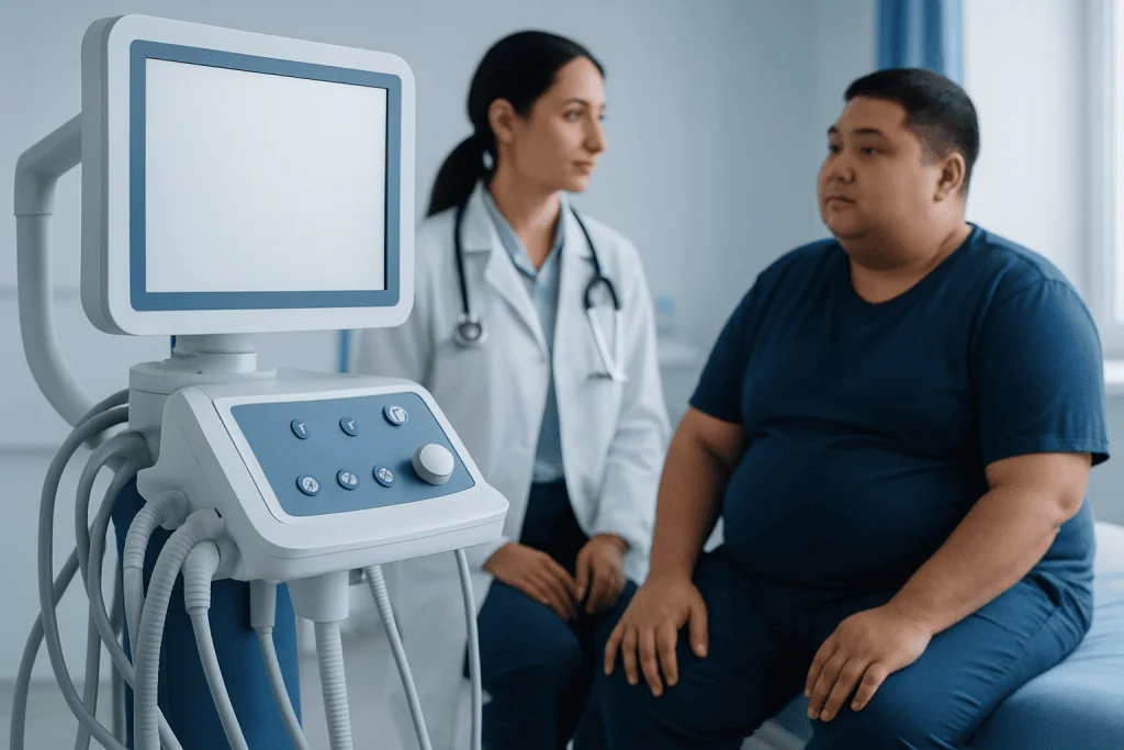 Doctor consulting patient in a medical examination room with ultrasound equipment.