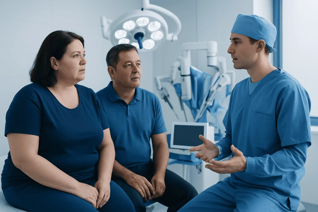 Doctor explaining bariatric options to patients in hospital setting.