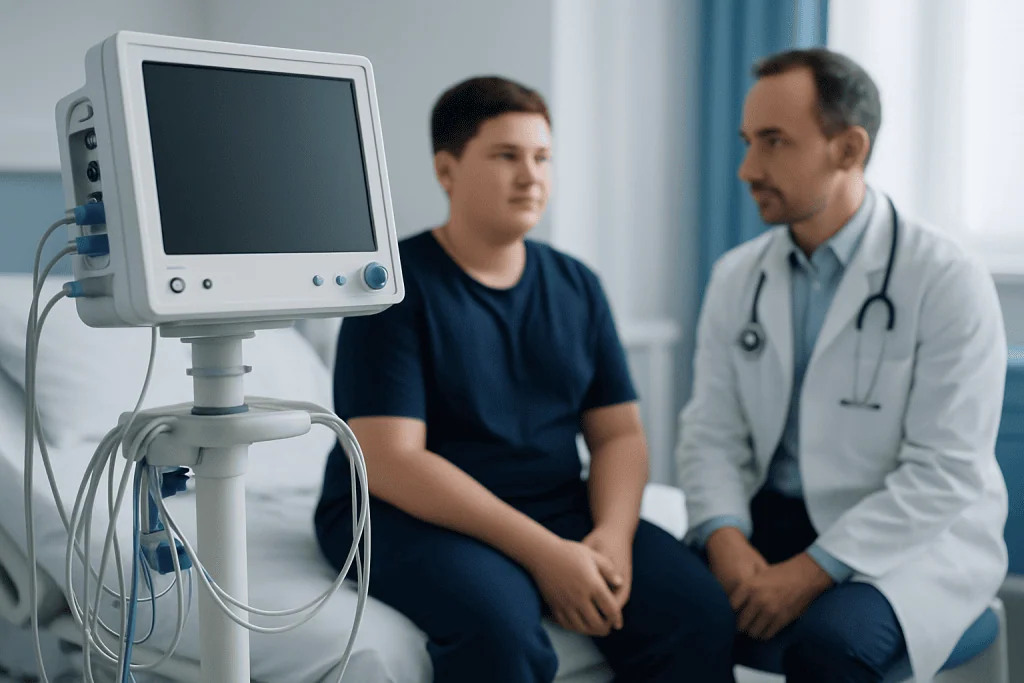 Doctor consulting with adolescent patient in hospital room with medical monitor.