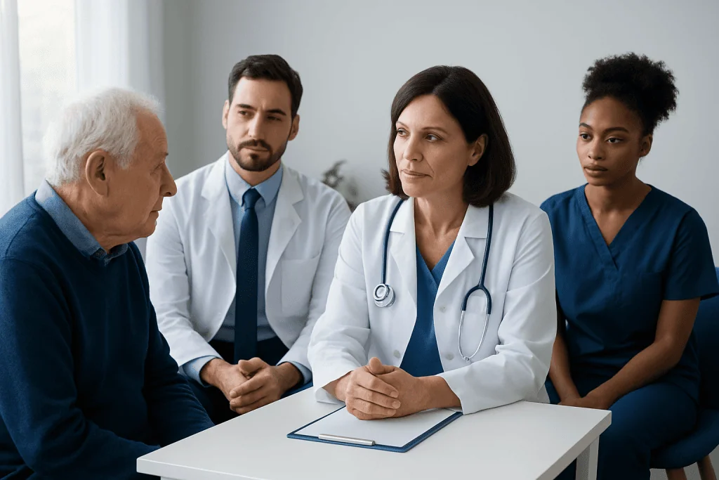 Medical team consulting elderly patient about Alzheimer's disease care.