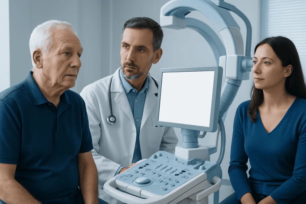 Medical team discussing carotid artery stenting procedure with patient in hospital.