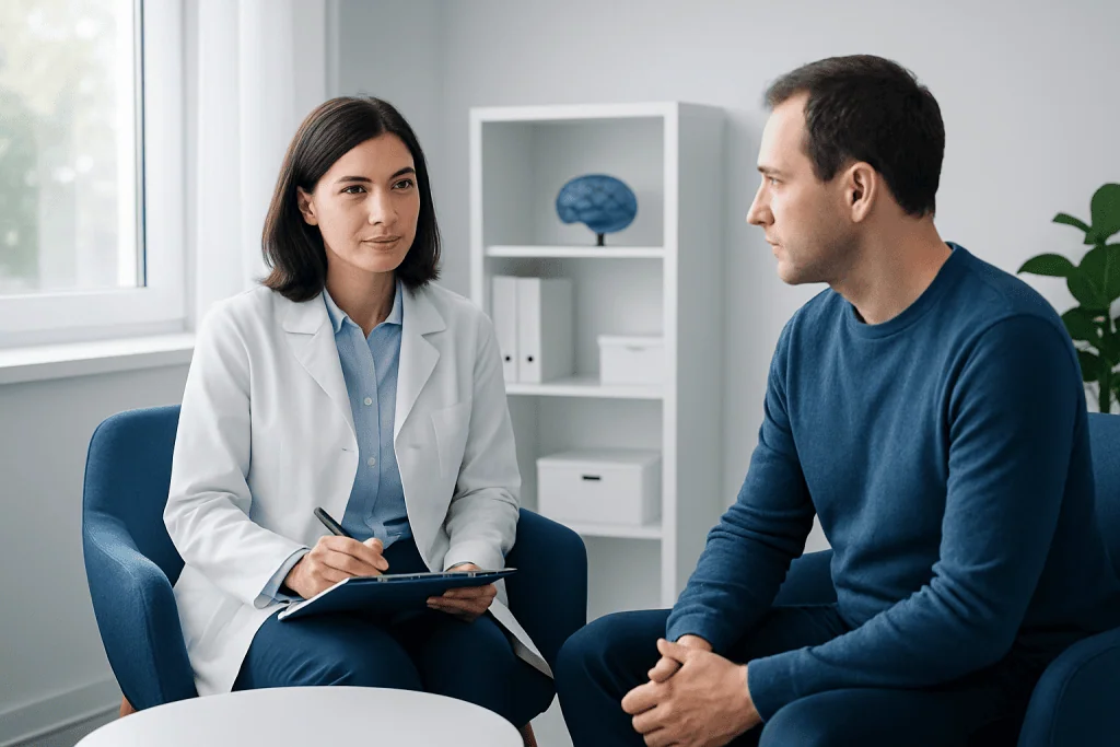 Neuropsychologist consulting with a patient in a modern clinic setting.