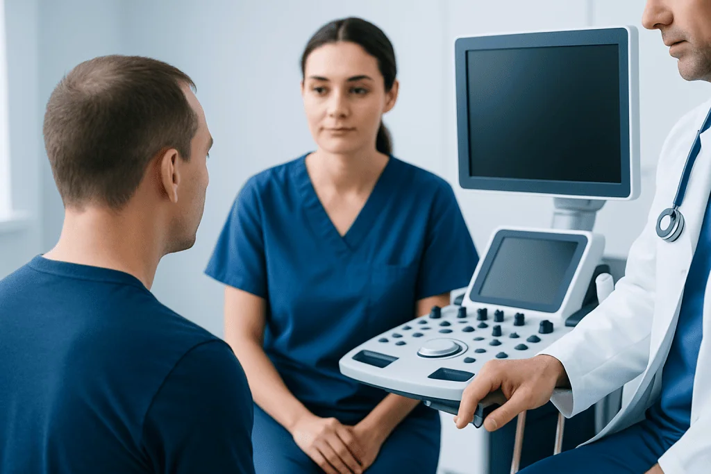Doctor explaining occipital nerve block procedure to patient in clinic.