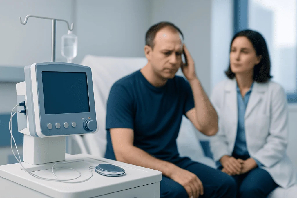 Patient experiencing headache consultation with doctor in hospital room.