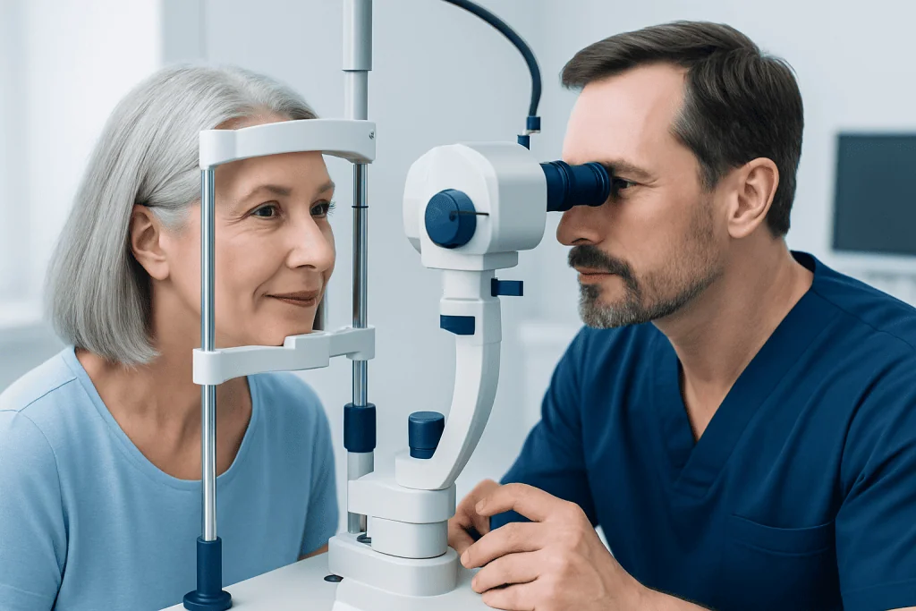 Optometrist examines elderly woman's eyes with slit lamp in clinic.